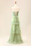 A-Line Strapless Matcha Tiered vestido longo dama de honra com babados