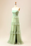 A-Line Strapless Matcha Tiered vestido longo dama de honra com babados