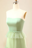 A-Line Strapless Matcha Tiered vestido longo dama de honra com babados