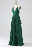 A-Line Verde Escuro Tiered Chiffon vestido de dama de honra com pregado