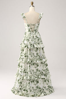 Verde Floral Ruffles Tiered Prom Dress com Fenda