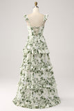 Verde Floral Ruffles Tiered Prom Dress com Fenda