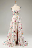 Flor de marfim A-Line espaguete correias espartilho longo vestido de baile com fenda