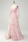 Blush Flor A-Line Fora do Ombro Print Prom Dress Com Fenda
