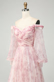 Blush Flor A-Line Fora do Ombro Print Prom Dress Com Fenda