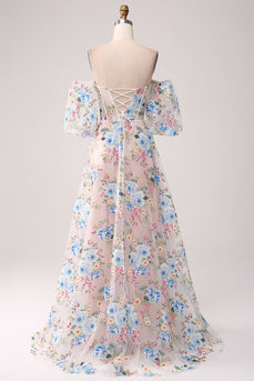 A-Line flor de damasco fora do ombro longo espartilho vestido de baile