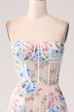 A-Line flor de damasco fora do ombro longo espartilho vestido de baile