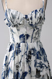 Vestido de baile longo espartilho estampado azul plissado com fenda