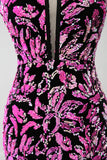 Brilhante Sereia Fuchsia Preto Vestido de Baile de Lantejoulas Com Fenda Lateral