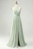 Vestido de dama de honor plissado em chiffon Sage A Line A Longo, Plissado Plus Size com Fenda