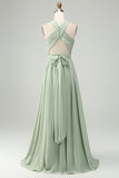 Vestido de dama de honor plissado em chiffon Sage A Line A Longo, Plissado Plus Size com Fenda