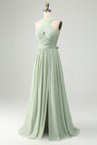 Vestido de dama de honor plissado em chiffon Sage A Line A Longo, Plissado Plus Size com Fenda
