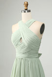 A Linha Halter Chiffon Sage Verde plissado vestido longo dama de honra com fenda