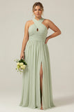 Vestido de dama de honor plissado em chiffon Sage A Line A Longo, Plissado Plus Size com Fenda