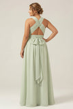 Vestido de dama de honor plissado em chiffon Sage A Line A Longo, Plissado Plus Size com Fenda