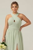 Vestido de dama de honor plissado em chiffon Sage A Line A Longo, Plissado Plus Size com Fenda