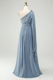 Conversível Chiffon Uma linha Dusty Blue Long Bridesmaid Dress