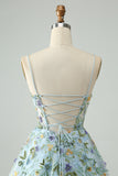 Elegante Flor Azul Uma Linha Corset Short Homecoming Dress com Bordado