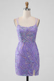 Sparkly Lilac Bodycon Sequins Appliques Vestido Curto Homecoming com Fenda