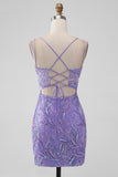 Sparkly Lilac Bodycon Sequins Appliques Vestido Curto Homecoming com Fenda