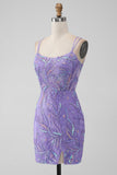 Sparkly Lilac Bodycon Sequins Appliques Vestido Curto Homecoming com Fenda