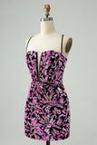 Sparkly Fuchsia Bodycon Esparguete Correias Sequins Vestido Curto Homecoming