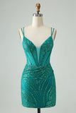 Sparkly verde escuro Bodycon Corset Short Homecoming Dress com Sequins