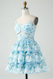 A-Line Espaghetti Correias Tiered Blue Floral Vestido Curto Homecoming