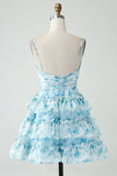 A-Line Tiered Blue Floral Cut out Vestido Curto Homecoming