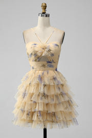 Amarelo A Line Halter Tiered Vestido Curto Tulle Homecoming