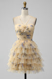 Amarelo bonito A Line Halter Tiered Short Tulle Homecoming Dress