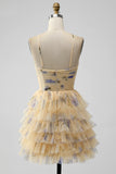 Amarelo bonito A Line Halter Tiered Short Tulle Homecoming Dress