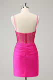 Fuchsia Bodycon Esparguete Correias Ruched Short Homecoming Dress com Missangas