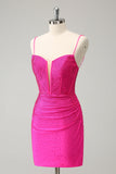 Fuchsia Bodycon Esparguete Correias Ruched Short Homecoming Dress com Missangas