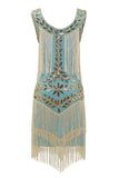 Vestido anos 1920 champanhe Gatsby com lantejoulas e franjas