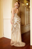 Vestido De Baile Longo Dourado Sereia Decote em V Lantejoulas