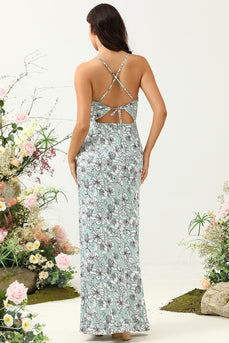 Vestido de Dama de Honor Floral Verde Cinza Sereia