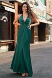 Sereia Verde Escuro Halter Ruched Cetim Long Vestido Madrinha