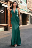 Sereia Verde Escuro Halter Ruched Cetim Long Vestido Madrinha