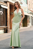 Sereia Verde Escuro Halter Ruched Cetim Long Vestido Madrinha