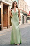 Sereia Verde Escuro Halter Ruched Cetim Long Vestido Madrinha