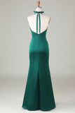 Sereia Verde Escuro Halter Ruched Cetim Long Vestido Madrinha