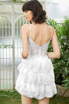 Branco A-Line Espaghetti Correias Tiered Lace Little White Dress