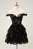 Preto brilhante Uma linha fora do espartilho ombro Tiered Lace Short Homecoming Dress