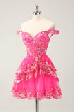 Bonito Brilhante Hot Pink Uma Linha Tiered Corset Lace Short Homecoming Dress