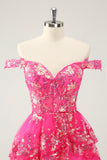 Bonito Brilhante Hot Pink Uma Linha Tiered Corset Lace Short Homecoming Dress