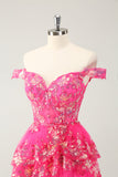 Bonito Brilhante Hot Pink Uma Linha Tiered Corset Lace Short Homecoming Dress