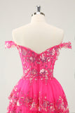 Bonito Brilhante Hot Pink Uma Linha Tiered Corset Lace Short Homecoming Dress