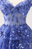 Sparkly A Line Off the Shoulder Dark Blue Corset Homecoming Dress com Folhos