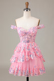 Bonito Brilhante Hot Pink Uma Linha Tiered Corset Lace Short Homecoming Dress